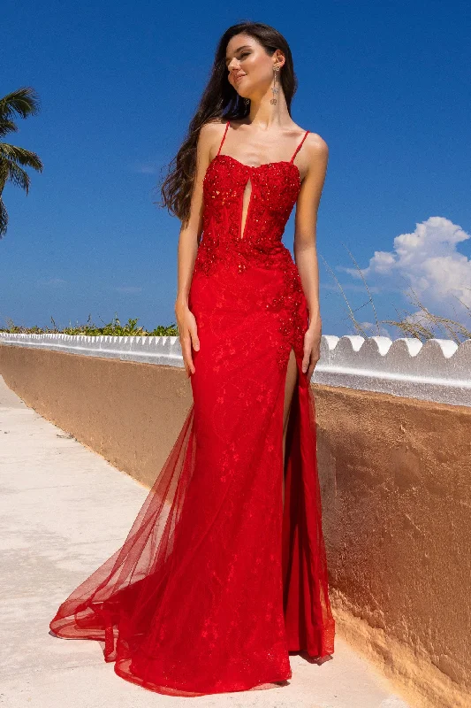 cocktail dresses with sweetheart necklines for romantic looks --Applique Sleeveless Slit Gown by Amelia Couture 7064
