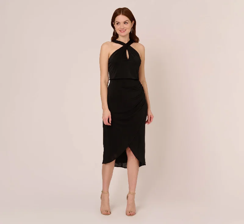 A-line spring dresses for all body types -Halter Cocktail Dress With Faux Wrap Skirt In Black A-line spring dresses for all body types -Halter Cocktail Dress With Faux Wrap Skirt In Black