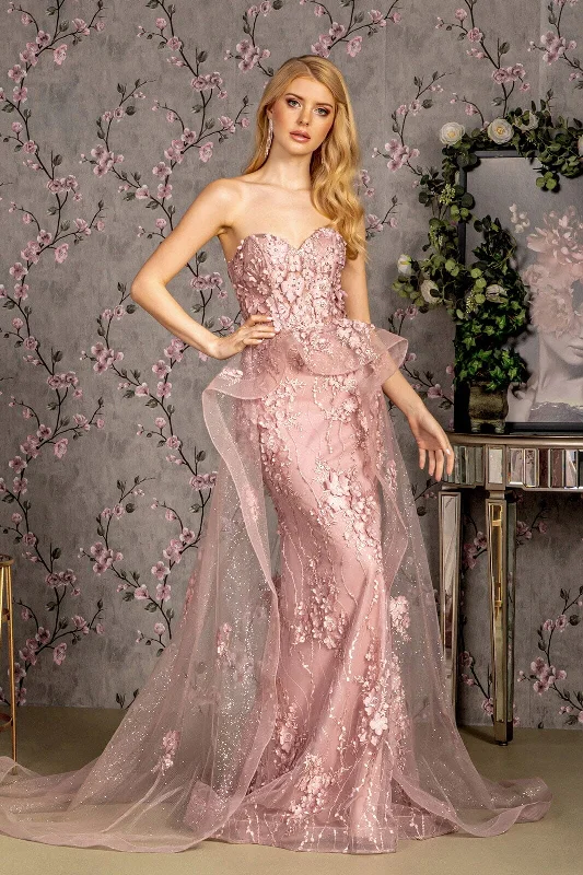 cocktail dresses with floral appliques for spring vibes --Fitted 3D Floral Strapless Overskirt Gown by GLS Gloria GL3257 cocktail dresses with floral appliques for spring vibes --Fitted 3D Floral Strapless Overskirt Gown by GLS Gloria GL3257