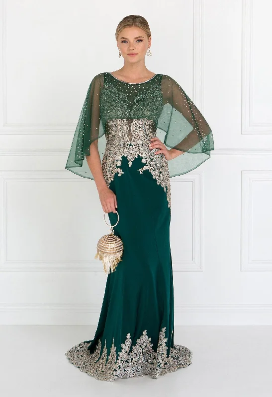 Wedding guest dresses for destination weddings -Long Mermaid Cape Dress with Embroidery by Elizabeth K GL1595 Wedding guest dresses for destination weddings -Long Mermaid Cape Dress with Embroidery by Elizabeth K GL1595
