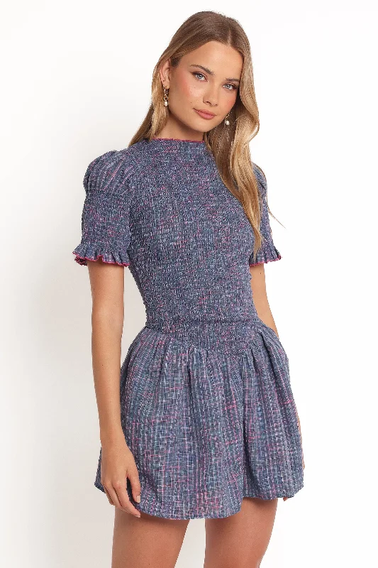 Colorful floral dresses for spring cocktail parties -Celine Mini Dress - Navy Plaid Colorful floral dresses for spring cocktail parties -Celine Mini Dress - Navy Plaid
