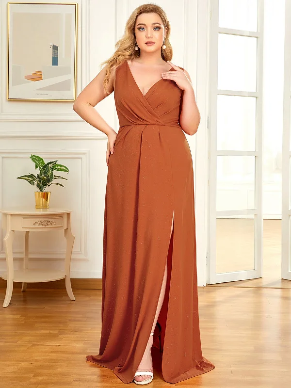 Affordable and stylish dresses for wedding guests -Floor Length V Neck Shimmery Wholesale Plus Size Evening Dresses