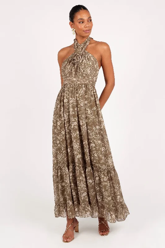 cocktail dresses with puff sleeves for vintage vibes --Lennon Halterneck Maxi Dress - Olive Floral cocktail dresses with puff sleeves for vintage vibes --Lennon Halterneck Maxi Dress - Olive Floral
