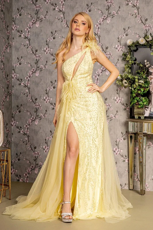 formal dresses with high necklines for modest fashion lovers --Fitted One Shoulder Feather Slit Gown by GLS Gloria GL3278 formal dresses with high necklines for modest fashion lovers --Fitted One Shoulder Feather Slit Gown by GLS Gloria GL3278