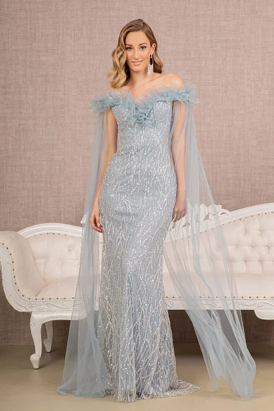 Trendy wedding guest dresses with sleek necklines for a sophisticated look -Sequin Cape Sleeve Mermaid Dress by GLS Gloria GL3120 Trendy wedding guest dresses with sleek necklines for a sophisticated look -Sequin Cape Sleeve Mermaid Dress by GLS Gloria GL3120
