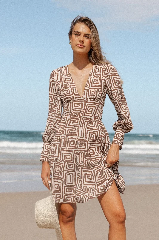 Classic and elegant dresses for black-tie events -Sheridan Long Sleeve Mini Dress - Chocolate Brown Print Classic and elegant dresses for black-tie events -Sheridan Long Sleeve Mini Dress - Chocolate Brown Print