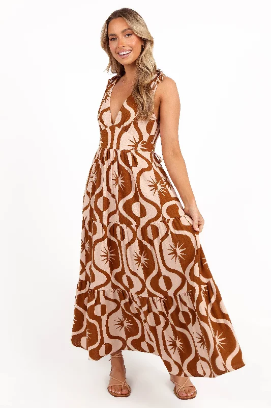 cocktail dresses with off-shoulder necklines for feminine charm --Zora Maxi Dress - Tan Print cocktail dresses with off-shoulder necklines for feminine charm --Zora Maxi Dress - Tan Print