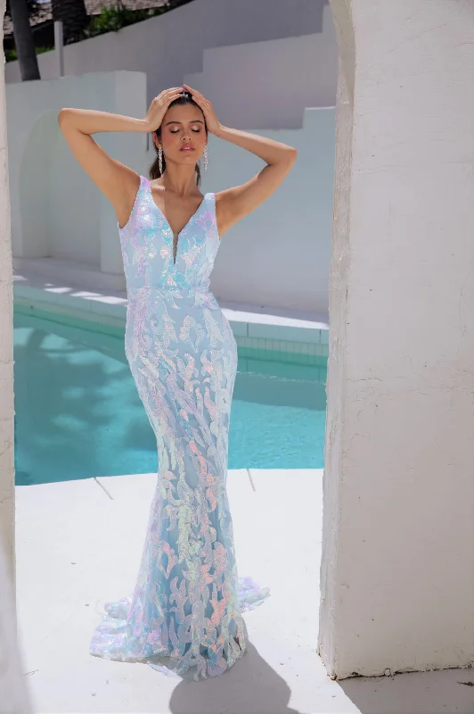 formal dresses with chiffon overlays for soft flow --Sequin Print Fitted V-Neck Gown by Eureka EK101 formal dresses with chiffon overlays for soft flow --Sequin Print Fitted V-Neck Gown by Eureka EK101