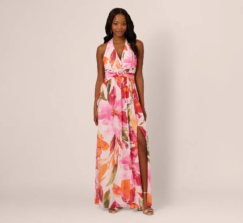 formal dresses with built-in bras for added support --Sleeveless Surplice Floral Chiffon Gown In Pink Orange Multi formal dresses with built-in bras for added support --Sleeveless Surplice Floral Chiffon Gown In Pink Orange Multi