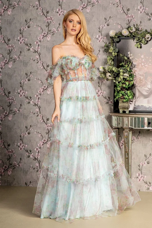 Wedding guest dresses with elegant draping for a sophisticated look -Print Off Shoulder Ruffled A-line Gown by GLS Gloria GL3394 Wedding guest dresses with elegant draping for a sophisticated look -Print Off Shoulder Ruffled A-line Gown by GLS Gloria GL3394