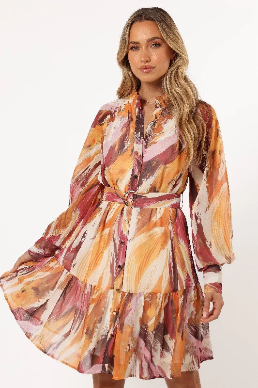 cocktail dresses with velvet finishes for winter warmth --Quinn Long Sleeve Mini Dress - Warm Multi cocktail dresses with velvet finishes for winter warmth --Quinn Long Sleeve Mini Dress - Warm Multi