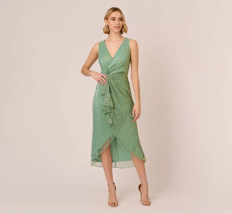 Spring dresses with a silk finish for an elegant look -Crinkle Metallic Faux Wrap Dress With Draped Detail In Green Slate Spring dresses with a silk finish for an elegant look -Crinkle Metallic Faux Wrap Dress With Draped Detail In Green Slate