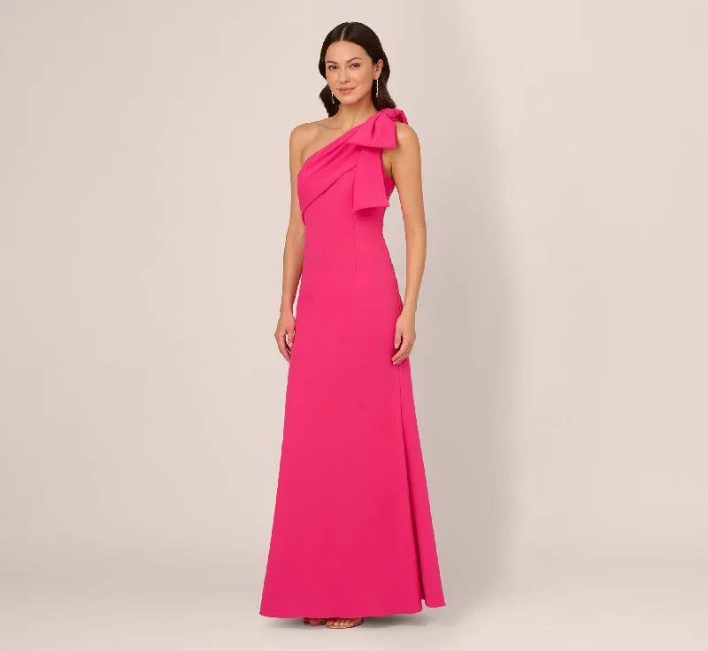 formal dresses with side slits for ease of movement --Stretch Crepe One Shoulder Mermaid Gown With Bow Accent In Hot Pink