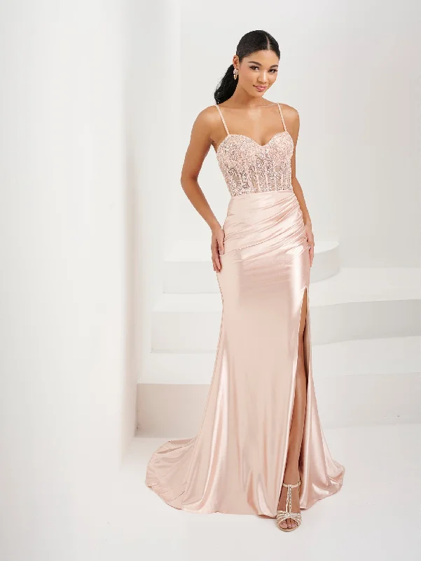 cocktail dresses with spaghetti straps for minimalist look --Fitted Beaded Sheer Corset Slit Gown by Tiffany Designs 16078