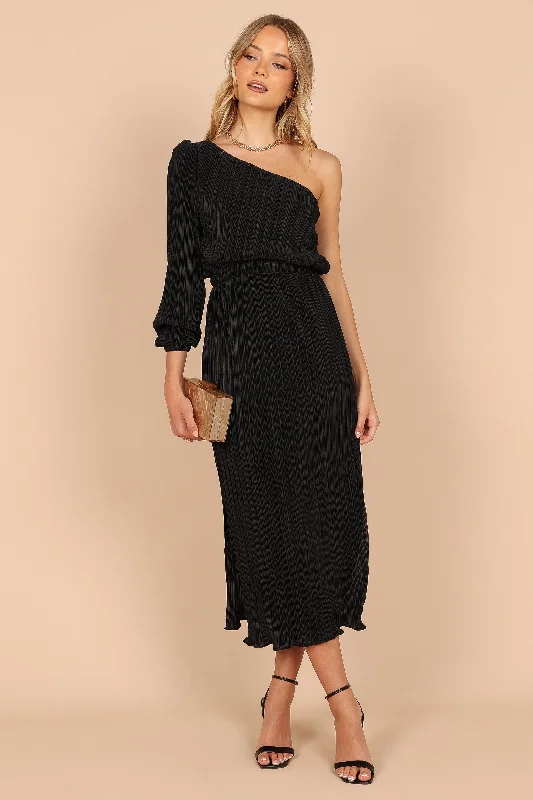 Trendy wedding guest dresses with pleated skirts for a polished look -Pontee One Shoulder Pleated Midi Dress - Black Trendy wedding guest dresses with pleated skirts for a polished look -Pontee One Shoulder Pleated Midi Dress - Black