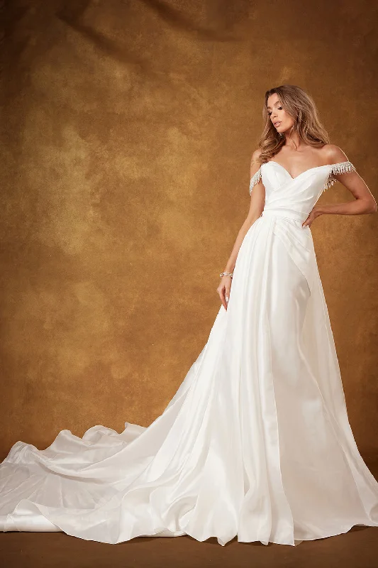 Budget-friendly wedding guest dresses that look expensive -Satin Off Shoulder Bridal Gown by Abby Lane 97212 Budget-friendly wedding guest dresses that look expensive -Satin Off Shoulder Bridal Gown by Abby Lane 97212