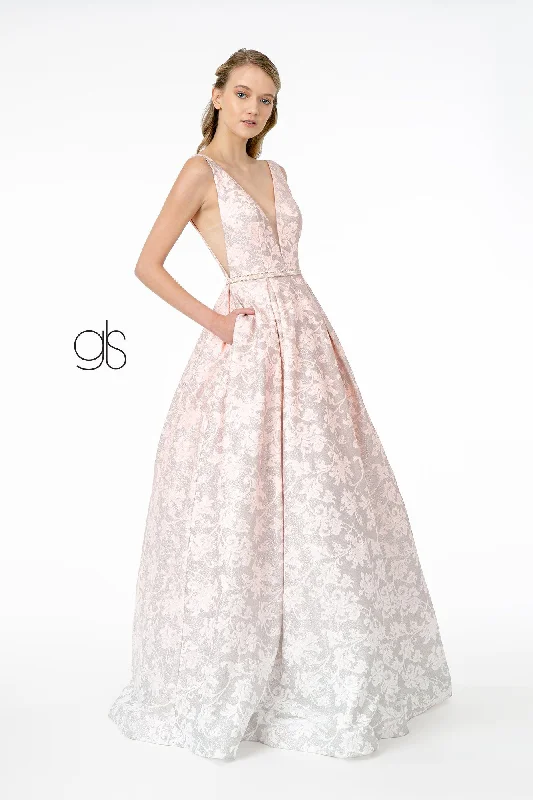 Wedding guest dresses for spring and summer with floral patterns -Glitter Print Long Illusion V-Neck Dress by Elizabeth K GL2897 Wedding guest dresses for spring and summer with floral patterns -Glitter Print Long Illusion V-Neck Dress by Elizabeth K GL2897