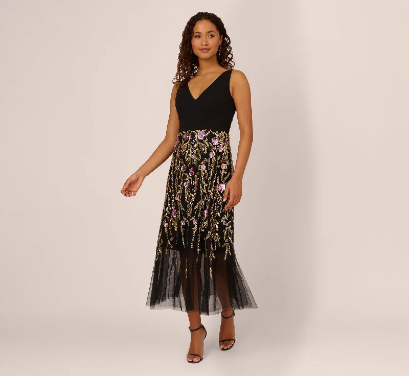 Wedding guest dresses with intricate beadwork for a luxurious look -Sleeveless Crepe Gown With Floral Beaded Skirt In Black Multi Wedding guest dresses with intricate beadwork for a luxurious look -Sleeveless Crepe Gown With Floral Beaded Skirt In Black Multi