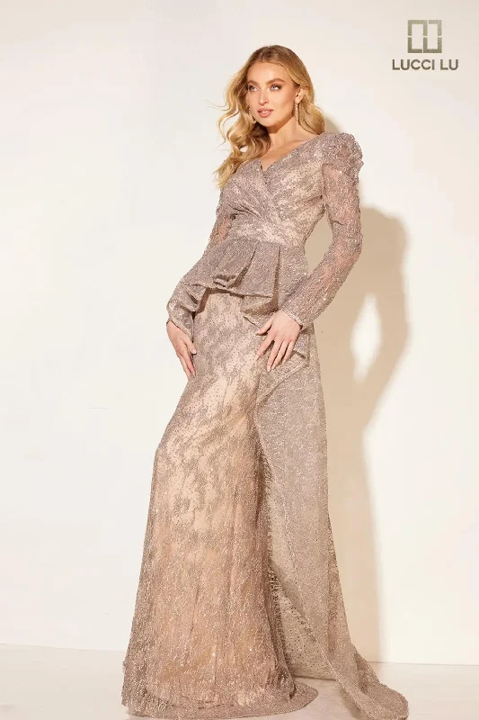 cocktail dresses with corset tops for structured fit --Fitted Long Sleeve Peplum Gown by Lucci Lu C8016 cocktail dresses with corset tops for structured fit --Fitted Long Sleeve Peplum Gown by Lucci Lu C8016