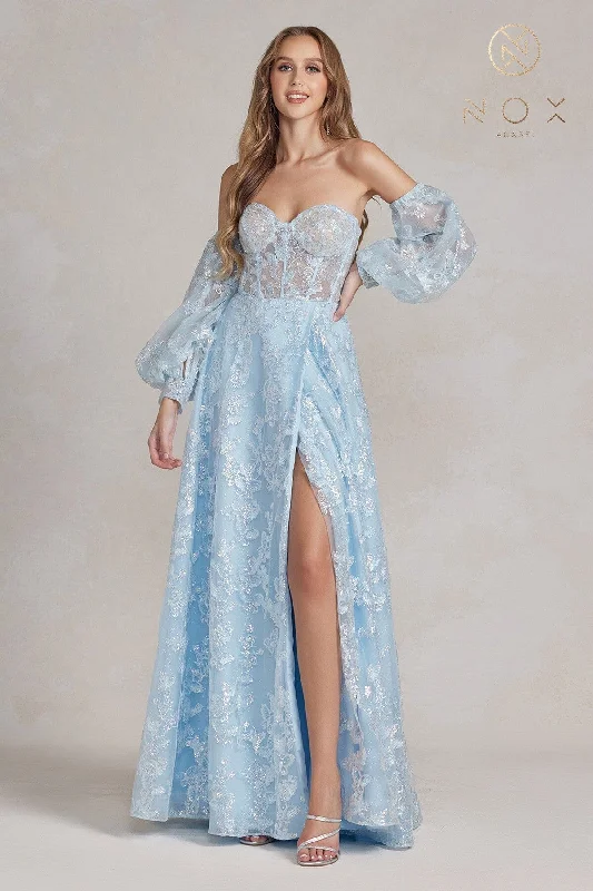 formal dresses for tall women with empire waistlines --Butterfly Applique Puff Sleeve Gown by Nox Anabel K1155 formal dresses for tall women with empire waistlines --Butterfly Applique Puff Sleeve Gown by Nox Anabel K1155
