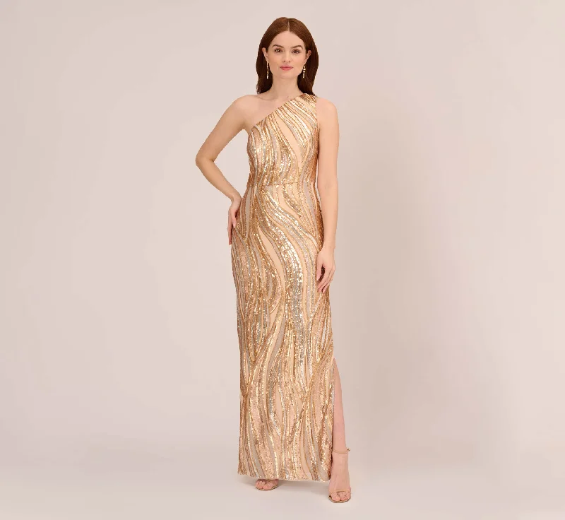 formal dresses for post-surgery patients with easy closures --One Shoulder Abstract Sequin Gown In Champagne Gold Multi formal dresses for post-surgery patients with easy closures --One Shoulder Abstract Sequin Gown In Champagne Gold Multi