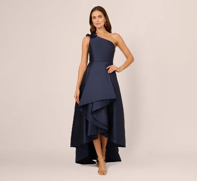 formal dresses for post-surgery patients with easy closures --One Shoulder Draped Mikado High Low Gown In Midnight formal dresses for post-surgery patients with easy closures --One Shoulder Draped Mikado High Low Gown In Midnight