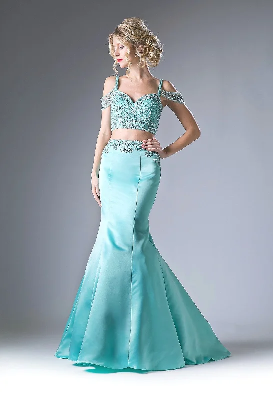 Wedding guest dresses that match well with statement jewelry -Long Cold Shoulder Two Piece Dress by Cinderella Divine P209 Wedding guest dresses that match well with statement jewelry -Long Cold Shoulder Two Piece Dress by Cinderella Divine P209