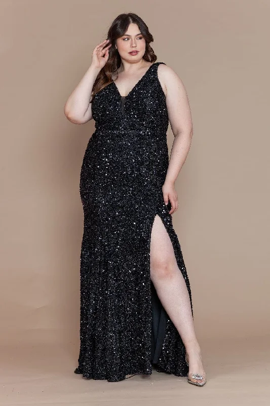 Sophisticated wedding guest dresses with tailored lines and cuts -Plus Size Fitted Sleeveless Sequin Slit Gown by Poly USA W1122 Sophisticated wedding guest dresses with tailored lines and cuts -Plus Size Fitted Sleeveless Sequin Slit Gown by Poly USA W1122