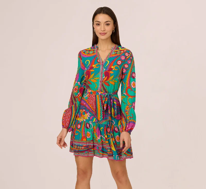 Wedding guest dresses with simple, clean lines for understated elegance -Long Sleeve Retro Printed A Line Dress In Teal Multi Wedding guest dresses with simple, clean lines for understated elegance -Long Sleeve Retro Printed A Line Dress In Teal Multi