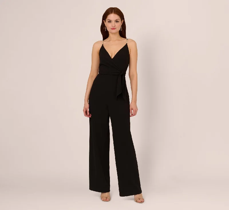 Spring dresses with a satin finish for a luxe feel -Wide Leg Jumpsuit With Pearl Chain Spaghetti Straps In Black Spring dresses with a satin finish for a luxe feel -Wide Leg Jumpsuit With Pearl Chain Spaghetti Straps In Black