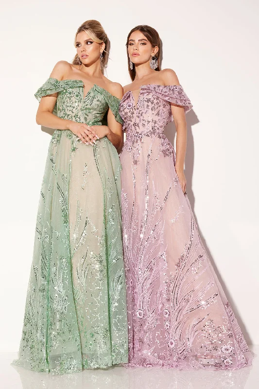 cocktail dresses with off-shoulder ruffles for feminine flair --Beaded Off Shoulder A-line Gown by Lucci Lu C8035 cocktail dresses with off-shoulder ruffles for feminine flair --Beaded Off Shoulder A-line Gown by Lucci Lu C8035