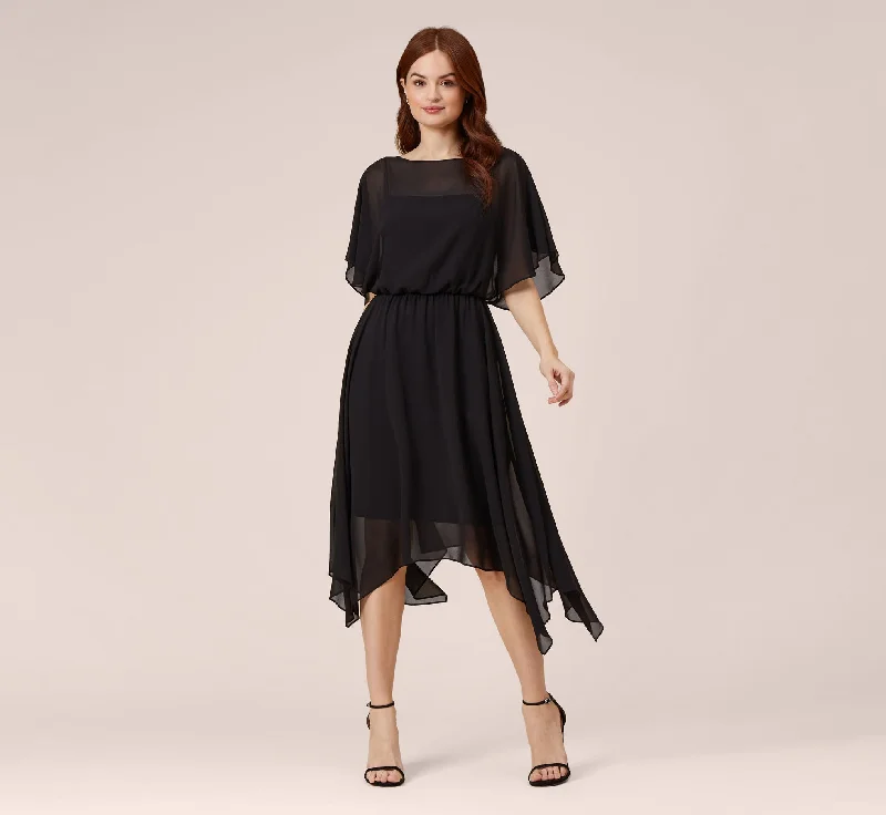 Spring dresses for a bohemian wedding with natural fabrics -Chiffon Blouson Midi Dress With Flutter Sleeves In Black Spring dresses for a bohemian wedding with natural fabrics -Chiffon Blouson Midi Dress With Flutter Sleeves In Black