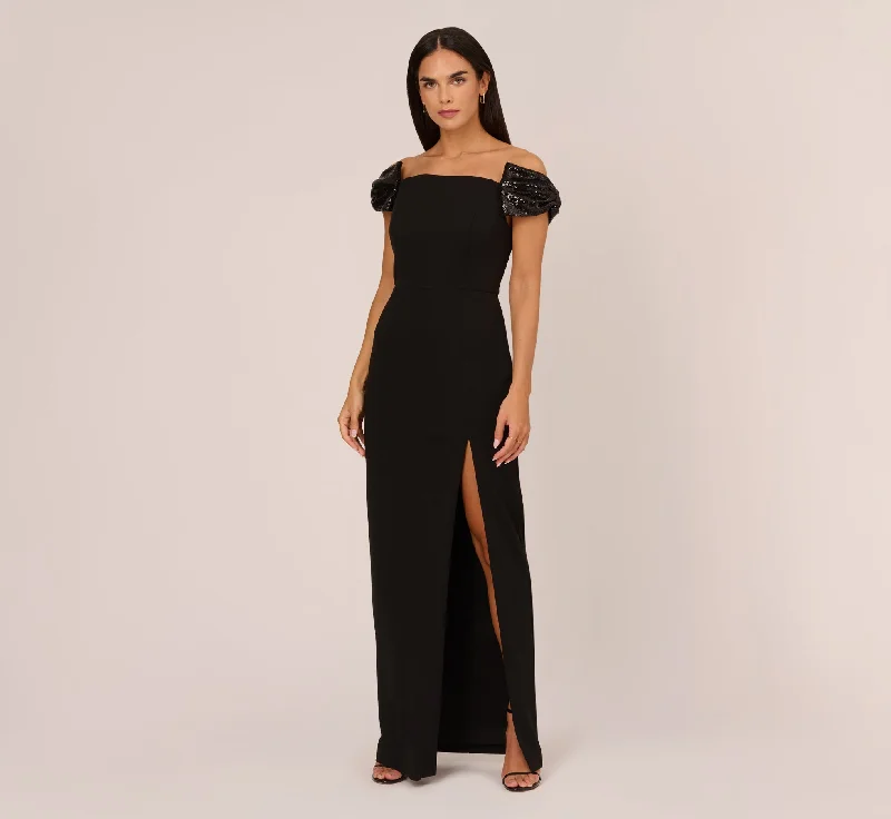 formal dresses for cruise dinners with wrinkle-resistant fabric --Stretch Crepe Off The Shoulder Gown With Sequin Bows In Black