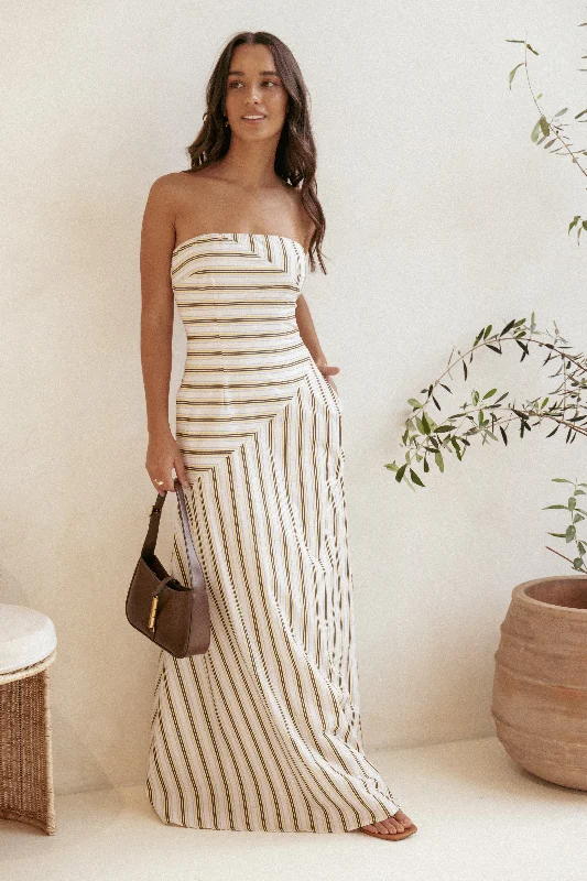 Fashionable satin cocktail dresses for fancy dinners -Maliah Maxi Dress - Vory Stripe Fashionable satin cocktail dresses for fancy dinners -Maliah Maxi Dress - Vory Stripe