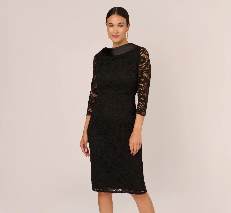 Spring dresses with empire waistlines for a flattering silhouette -Roll Neck Lace Dress With Sheer Elbow Sleeves In Black Spring dresses with empire waistlines for a flattering silhouette -Roll Neck Lace Dress With Sheer Elbow Sleeves In Black
