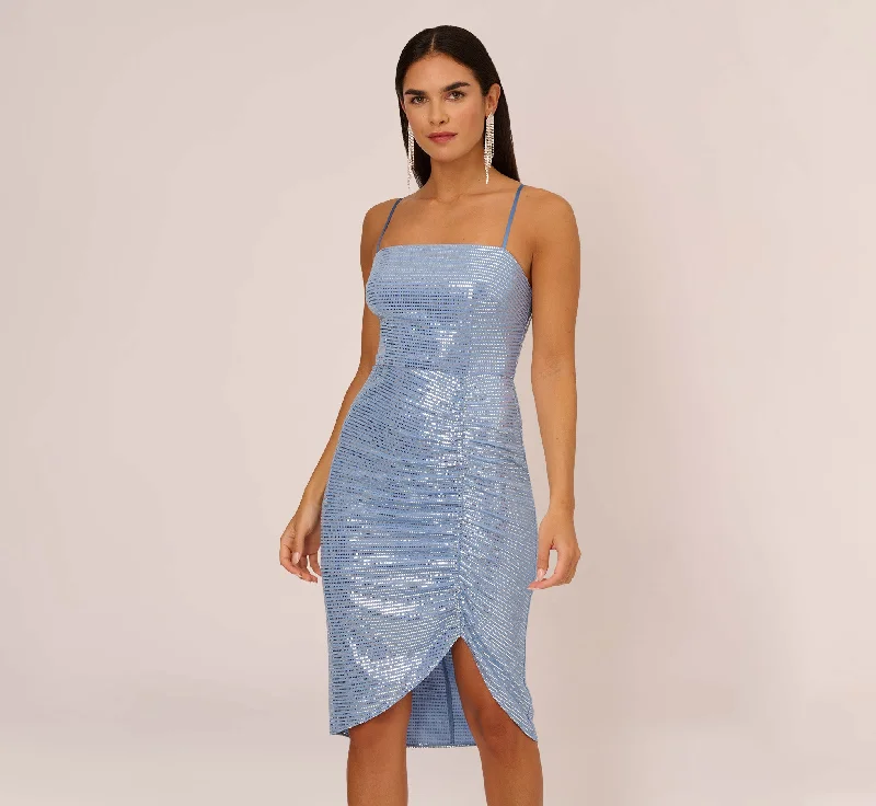 Wedding guest dresses with lace details for a feminine touch -Sequin Knit Cocktail Dress With Ruched Details In Air Force Wedding guest dresses with lace details for a feminine touch -Sequin Knit Cocktail Dress With Ruched Details In Air Force
