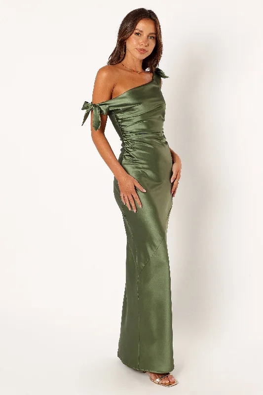formal dresses with chiffon overlays for soft flow --Selma Off Shoulder Maxi Dress - Olive formal dresses with chiffon overlays for soft flow --Selma Off Shoulder Maxi Dress - Olive