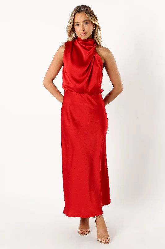 bridesmaid dresses with chiffon overlays for soft texture --Anabelle Halter Neck Midi Dress - Red bridesmaid dresses with chiffon overlays for soft texture --Anabelle Halter Neck Midi Dress - Red