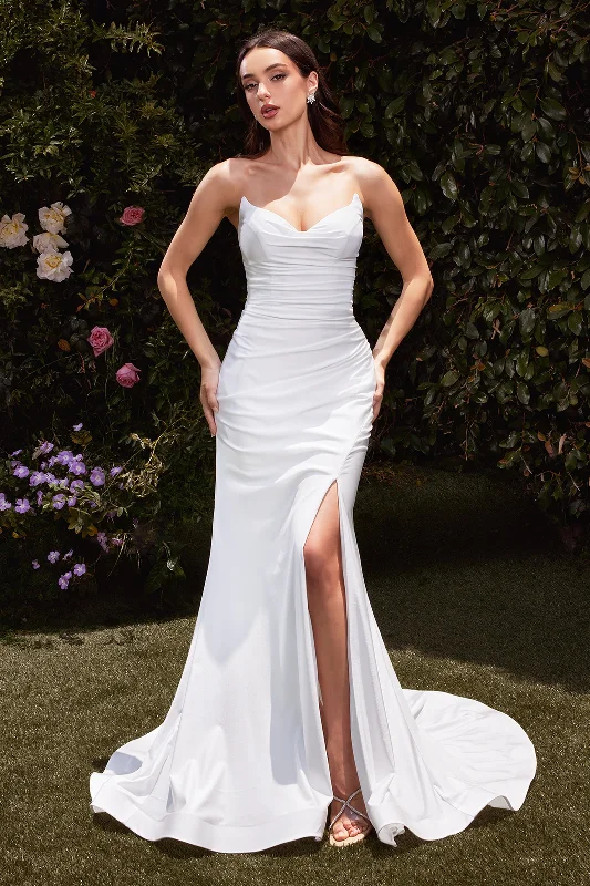cocktail dresses with mesh panels for modern style --Satin White Strapless Slit Gown by Ladivine CD791W cocktail dresses with mesh panels for modern style --Satin White Strapless Slit Gown by Ladivine CD791W