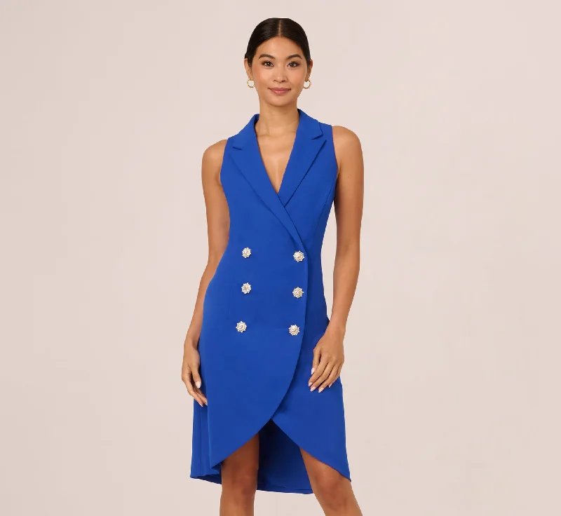 Spring dresses for transitional weather with layers -Jewel Button Tuxedo Short Dress In Deep Sapphire Spring dresses for transitional weather with layers -Jewel Button Tuxedo Short Dress In Deep Sapphire