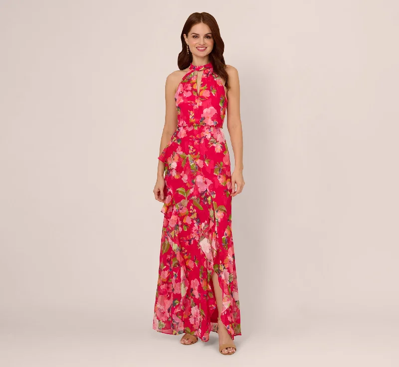 formal dresses with satin fabric for smooth finish --Floral Chiffon Keyhole Halter Maxi Dress In Pink Multi formal dresses with satin fabric for smooth finish --Floral Chiffon Keyhole Halter Maxi Dress In Pink Multi