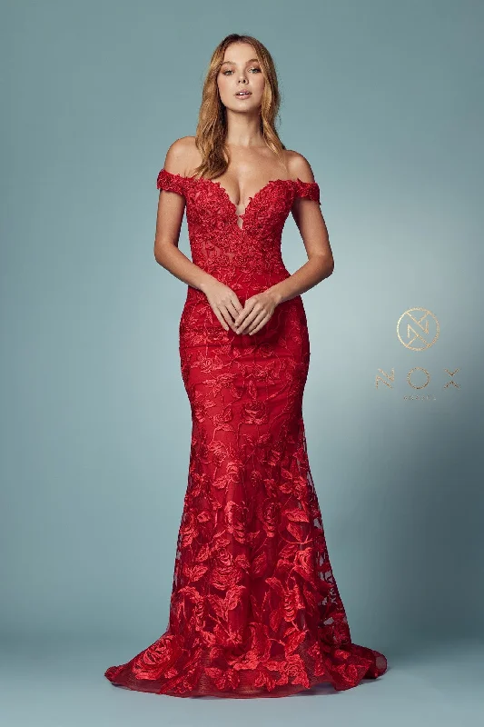Wedding guest dresses for contemporary weddings with modern flair -Applique Off Shoulder Mermaid Gown by Nox Anabel C439 Wedding guest dresses for contemporary weddings with modern flair -Applique Off Shoulder Mermaid Gown by Nox Anabel C439