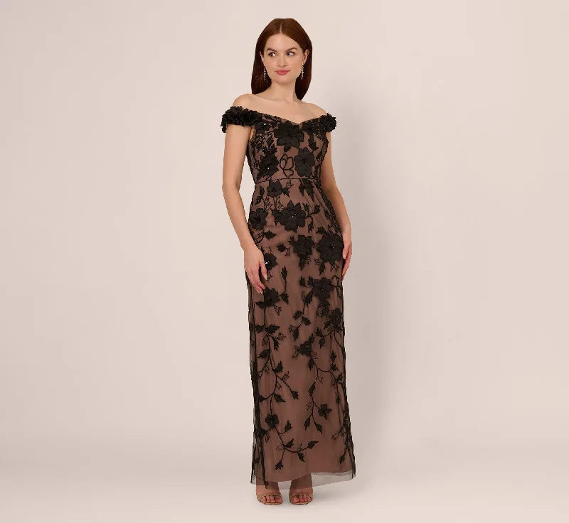 formal dresses with halter necks for summer galas --Off The Shoulder Beaded Column Gown With Rosette Accents In Black Rosegold formal dresses with halter necks for summer galas --Off The Shoulder Beaded Column Gown With Rosette Accents In Black Rosegold