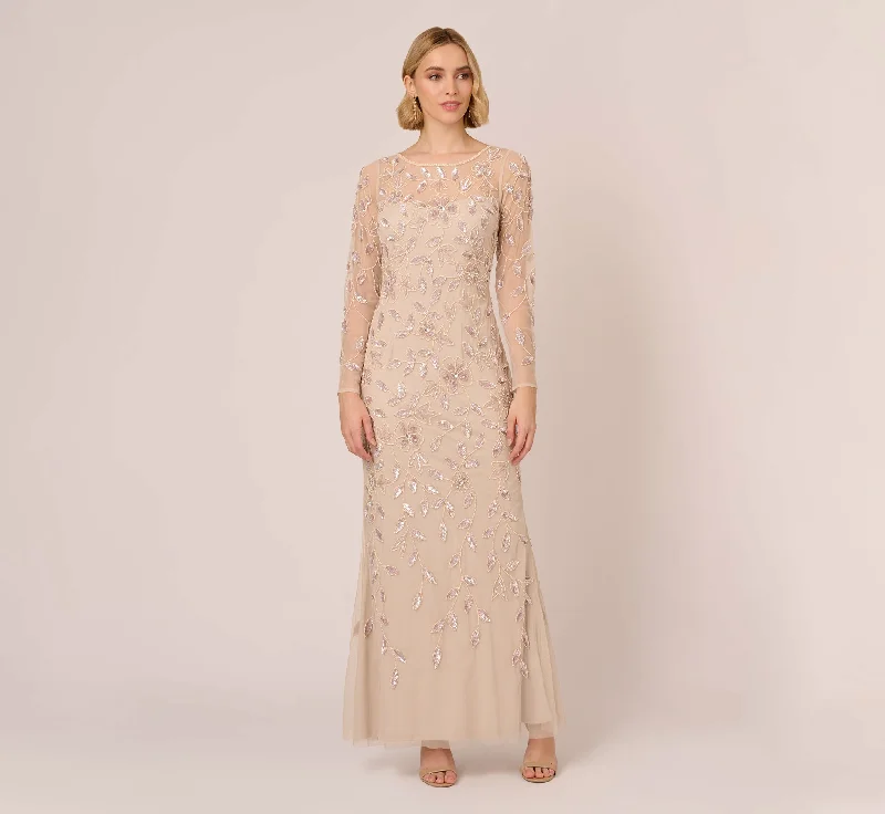 formal dresses for business galas with sleek designs --Illusion Floral Beaded Gown With Sheer Long Sleeves In Latte formal dresses for business galas with sleek designs --Illusion Floral Beaded Gown With Sheer Long Sleeves In Latte