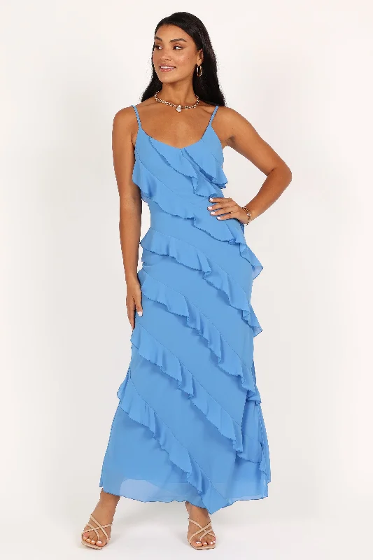 Comfortable wedding guest dresses for all-day wear -Ciao Ruffles Maxi Dress - Blue