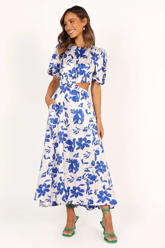 Bridesmaid party dresses for wedding guests -Aminah Puff Sleeve Dress - Blue Floral Bridesmaid party dresses for wedding guests -Aminah Puff Sleeve Dress - Blue Floral
