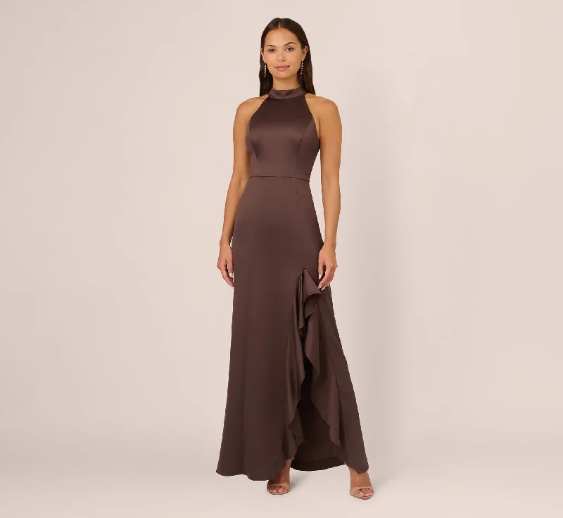 formal dresses with lace overlays for vintage-inspired style --Satin Halter Mermaid Gown With Ruffle Trim In Dark Brown formal dresses with lace overlays for vintage-inspired style --Satin Halter Mermaid Gown With Ruffle Trim In Dark Brown