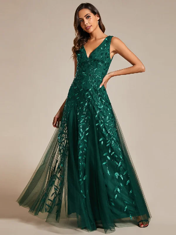 formal dresses for winter balls with faux fur accents --Shiny V-Neck Sequin Sleeveless Evening Dress with Tulle formal dresses for winter balls with faux fur accents --Shiny V-Neck Sequin Sleeveless Evening Dress with Tulle