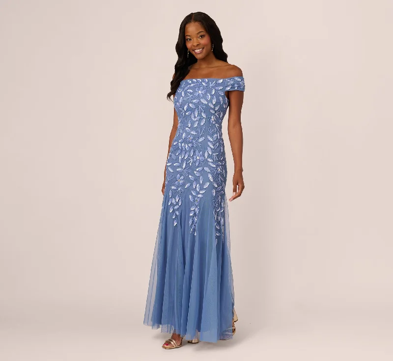 Wedding guest dresses for a laid-back garden wedding -Off Shoulder Floral Beaded Godet Gown In French Blue Wedding guest dresses for a laid-back garden wedding -Off Shoulder Floral Beaded Godet Gown In French Blue
