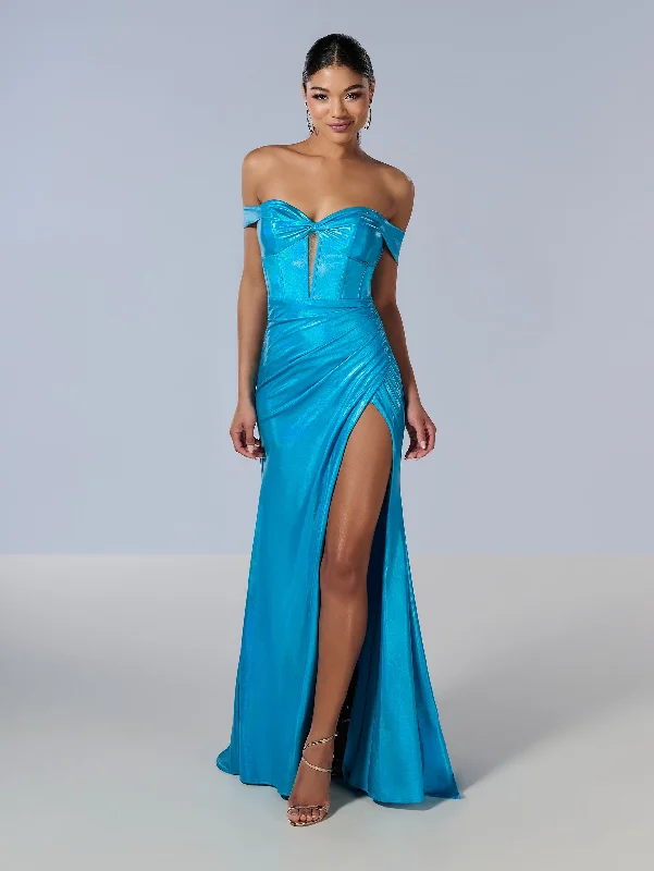 formal dresses with lace necklines for feminine touch --Metallic Off Shoulder Slit Gown by Tiffany Designs 16186 formal dresses with lace necklines for feminine touch --Metallic Off Shoulder Slit Gown by Tiffany Designs 16186